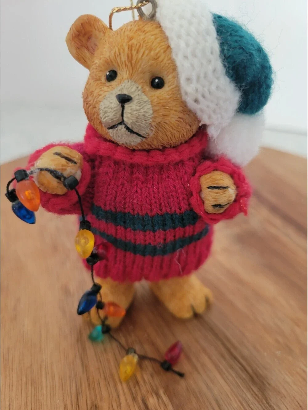 Vintage Teddy Bear Ornament Knit Sweater Christmas Tree String of Lights Xmas